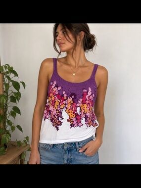 Women's Floral Print Tank Top Purple White American Eagle Vintage Y2K